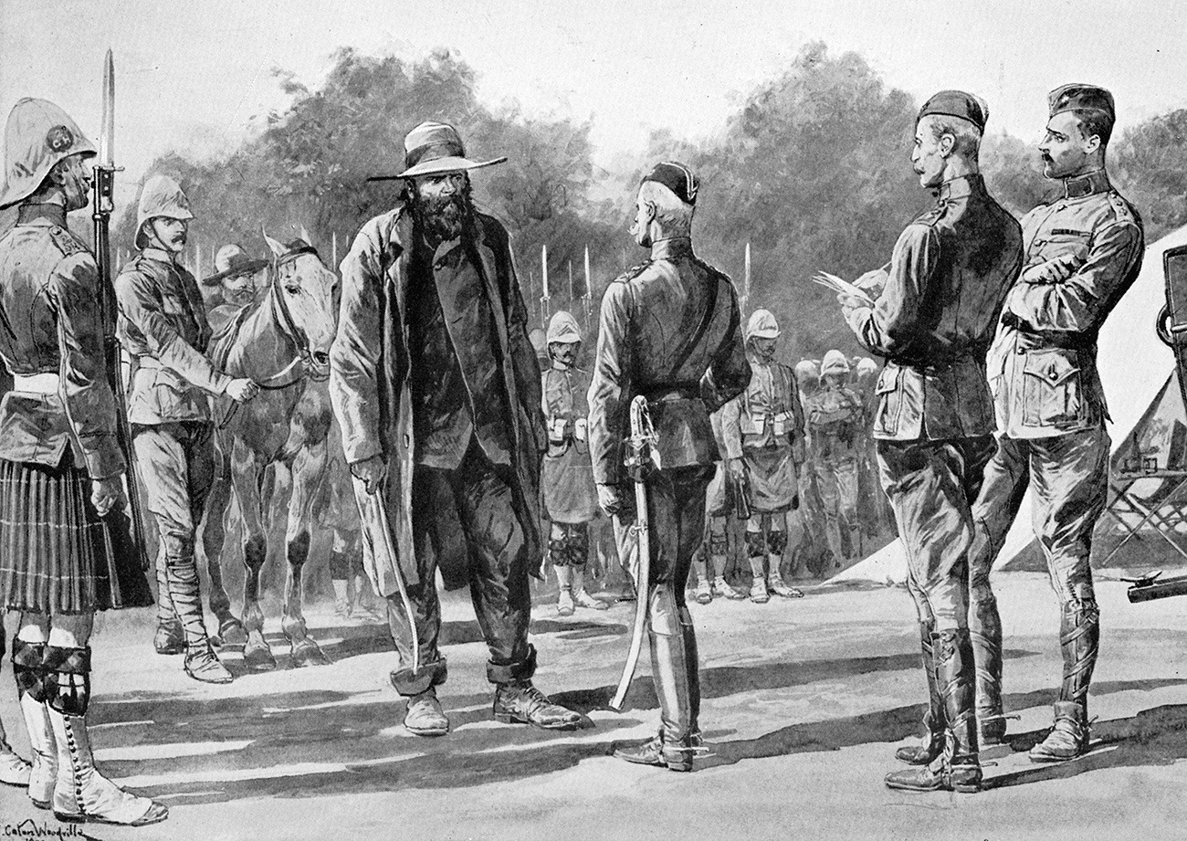 Piet Cronjé, burski vođa i ratnik, predaje se lordu Robertsu, Pardeberg, JAR 1900. Cronjé (1835.-1911.) se borio protiv Britanaca u Prvom burskom ratu. 29.12.1895. pobijedio Jamesonov odred kod Krugersdorpa. U Drugom burskom ratu (1899.-1902.) je pobijedio Britance kod Magersfonteina 11.12.1899.