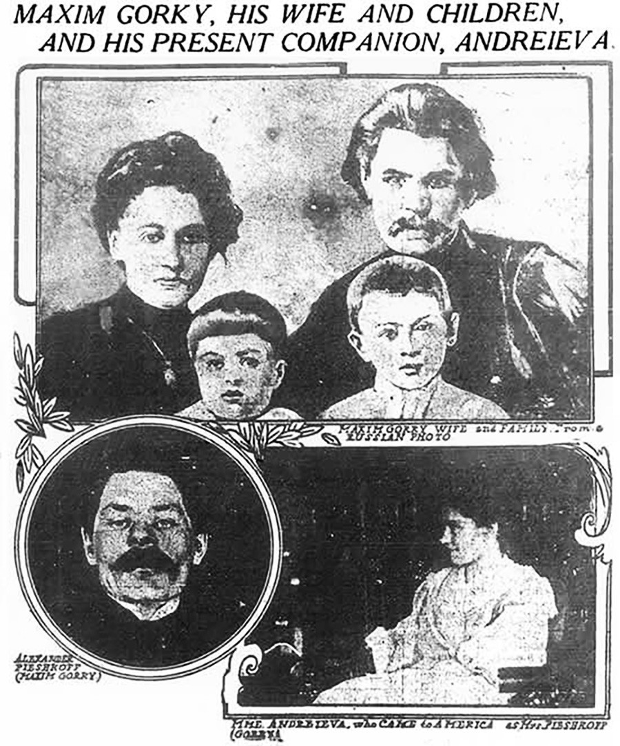 Kolaž v časopisu New York World. Zgoraj: Maksim Gorki z ženo in dvema otrokoma. Desno: Marija Andrejeva. Levo: Maksim Gorki