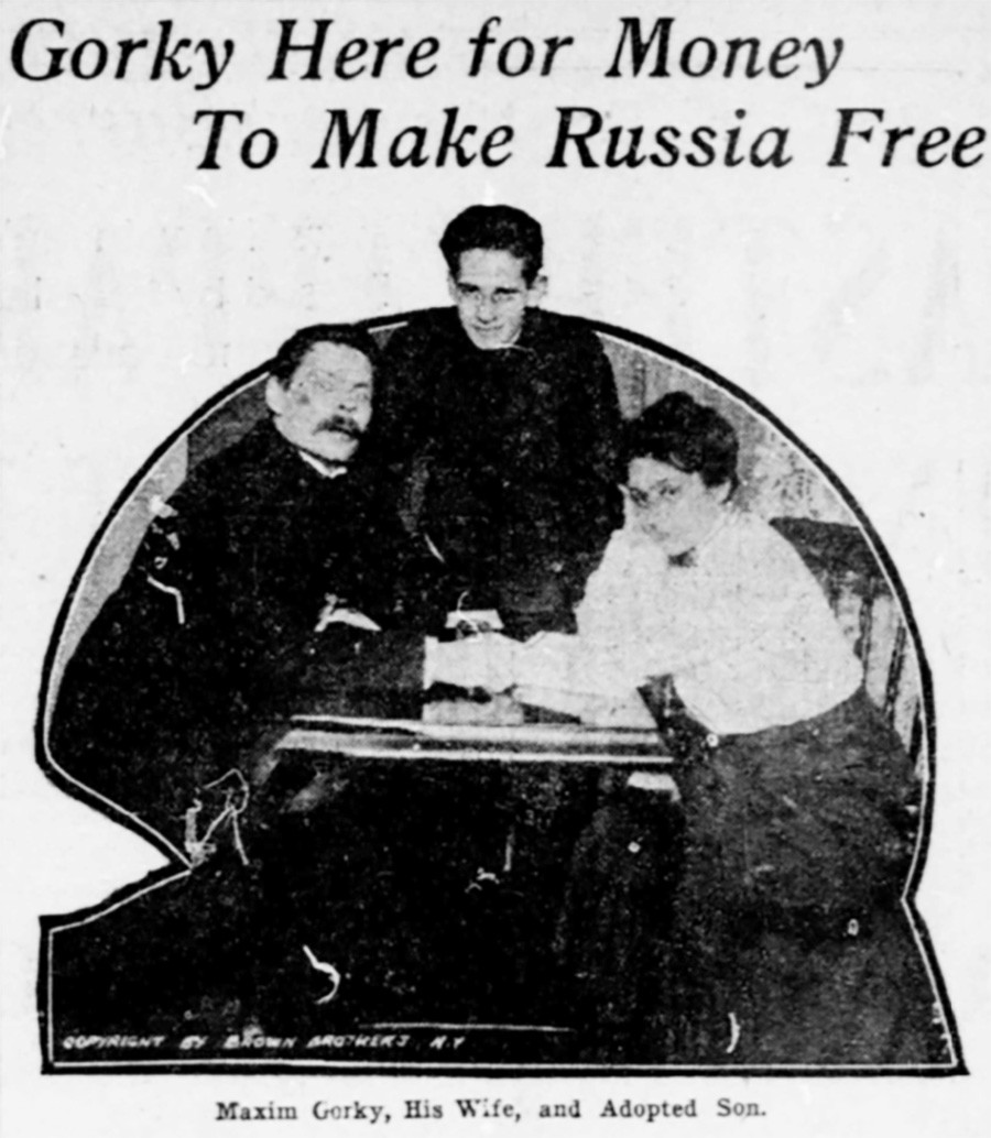 Gorki est ici pour l'argent afin de libérer la Russie. Sur la photo, sa femme et son fils adoptif Zinovi Pechkoff. The Washington times, 1906 