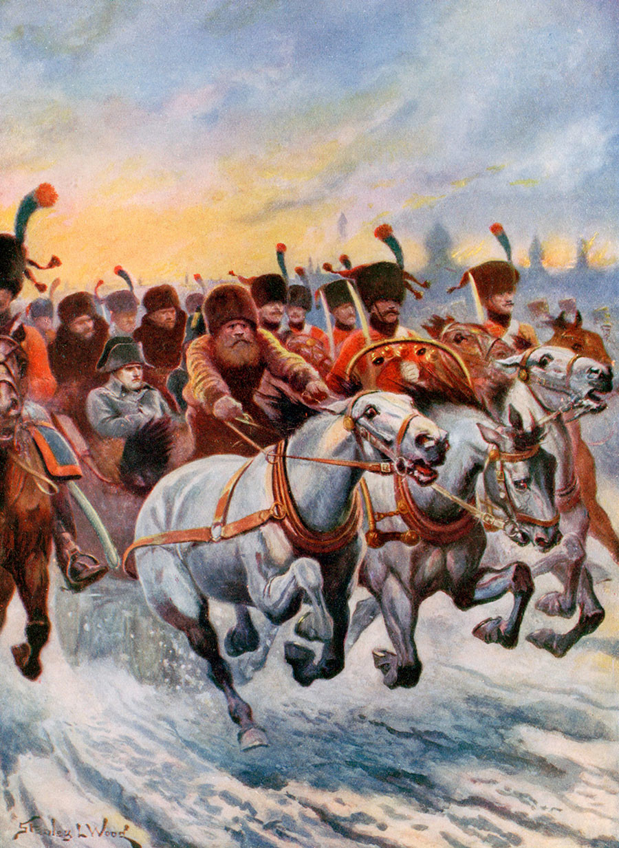 Наполеон се повлачи из Москве 1812. Од 600.000 војника Велике армије кући се вратило само стотинак хиљада. Илустрација у књизи, почетак 20. века.
