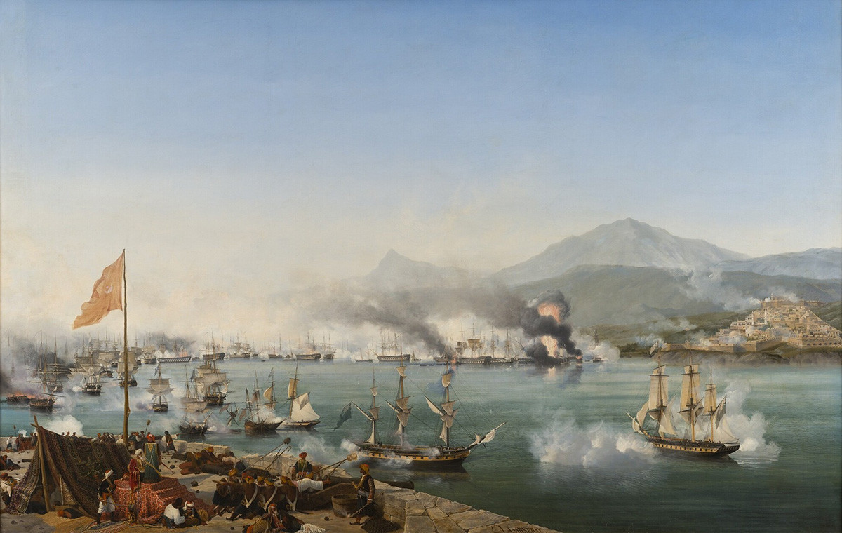 Navarino battle between Turkey and the allied fleet of Russia, England, and France