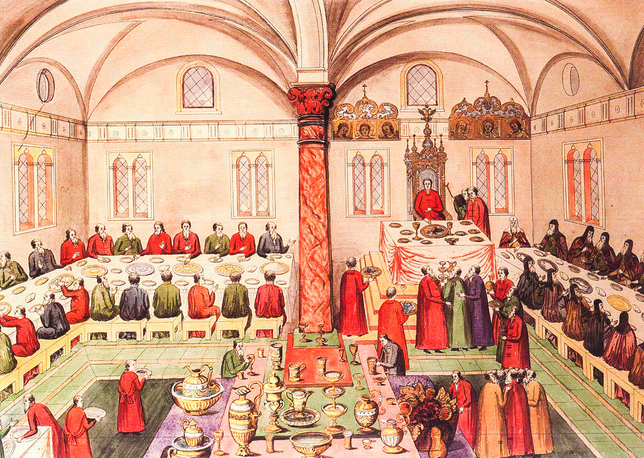 Une fête au Palais à Facettes du Kremlin de Moscou, XVIIe siècle. L'ordre de s'asseoir à de telles fêtes a été soigneusement élaboré afin de n'offenser personne.

