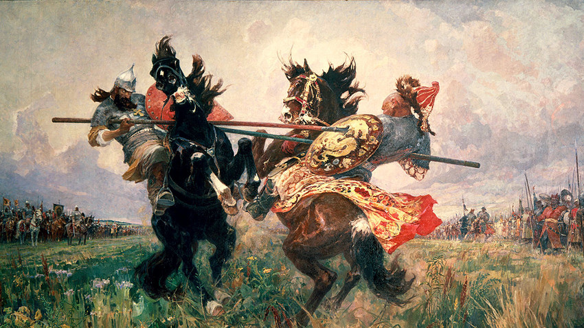 “Duel di Padang Kulikovo”, Mikhail Avilov, 1943. Konon, pertempuran ini didahului oleh duel antara dua orang kuat dari masing-masing pihak.