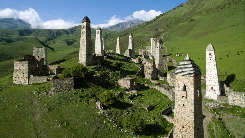 Erzi, a complex of medieval Ingush towers, in the Caucasus Mountains, Dzheirakh District, Ingushetia