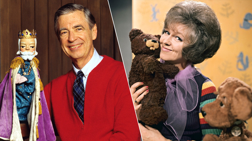 L: Fred Rogers, the host of the popular children's show 'Mister Rogers' Neighborhood'. R: Valentina Leontyeva, host of the Good Night, Little Ones Kids program, with her puppets, 1973