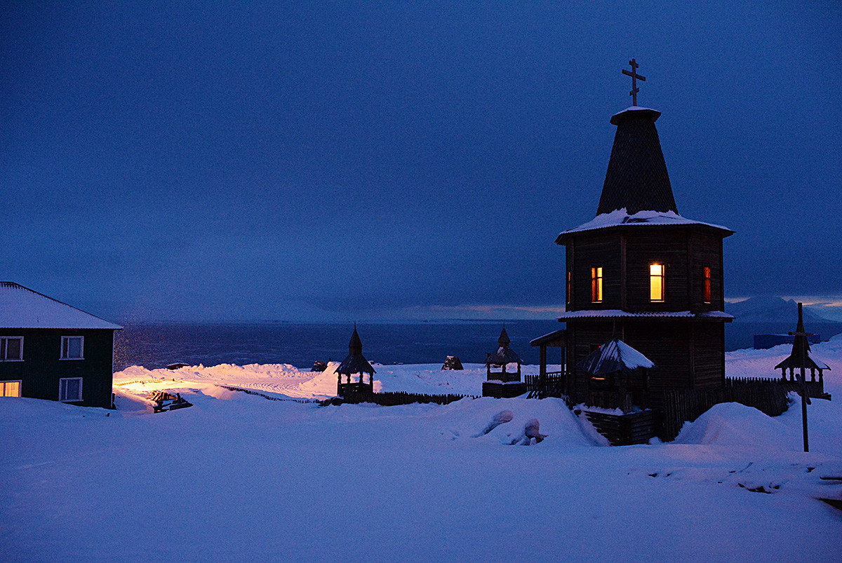 An old wooden chapel in the miners' town of Barentsburg on the Svalbard archipelago.