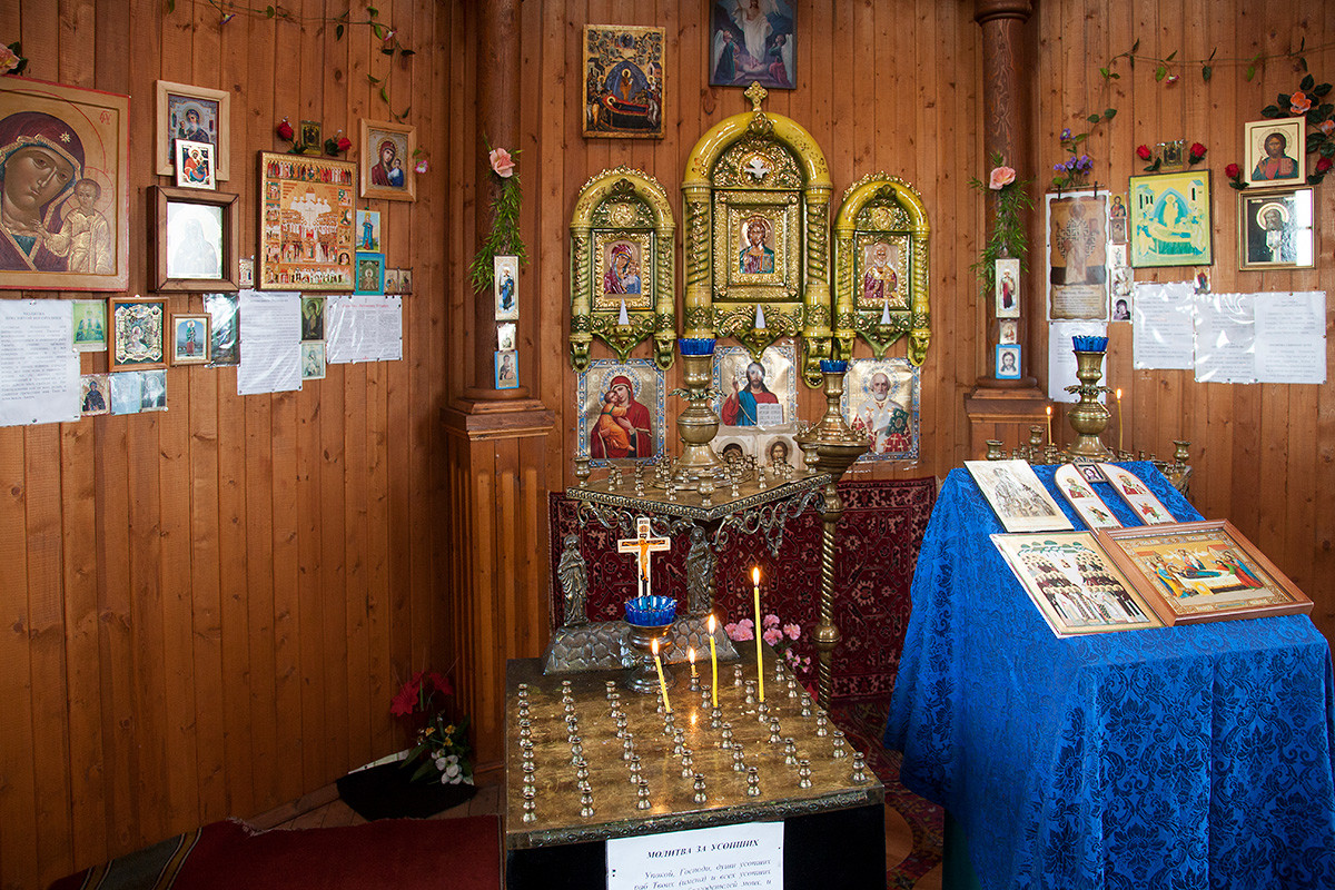Interior of the wooden Russian Orthodox church in Pomor style at Barentsburg.