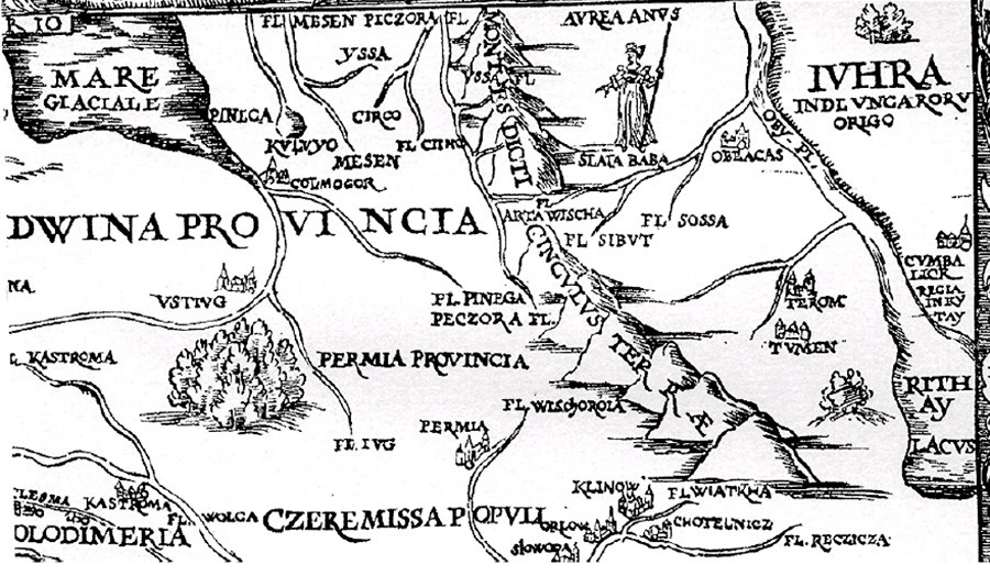 ジギスムント・フォン・ヘルベルシュタイン外交官が作った地図、右側にチュメニ（チンギ・トゥラ）のしるしがある