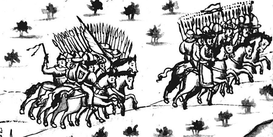 Le khan Koutchoum fuit de Kachlyk. Illustration de la Chronique de Remezov, fin du XVIIe siècle.
