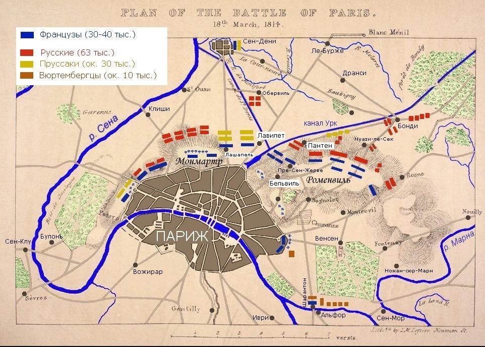 Postavitev sil: (modra) francoska vojska [30-40 tis.], (rdeča) ruska vojska [63 tis.], (rumena) pruska vojska [ok. 30 tis.], (oranžna) württemberška vojska [ok. 10 tis.]