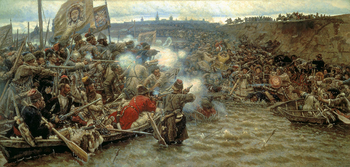 “Conquista da Sibéria por Ermák”, de Vassíli Surikov, 1895. Imagem representa a batalha do cabo de Tchuvach