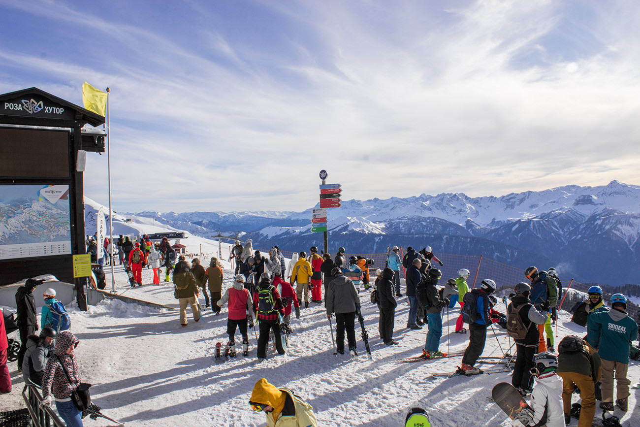 Riders at the Rosa Peak, the highest point of the Rosa Khutor resort.