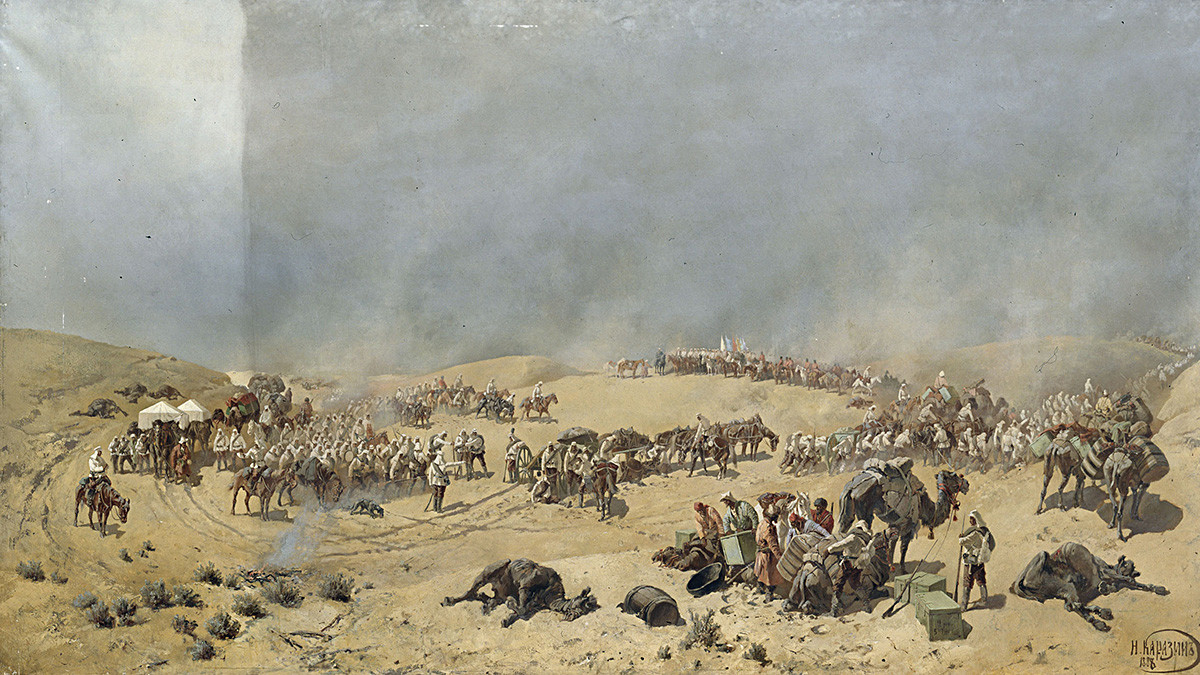 Хивински поход 1873. године. Туркестански одред прелази кроз „мртви песак“ према изворима Адам Крилган, 1888. Уље на платну 179х321.