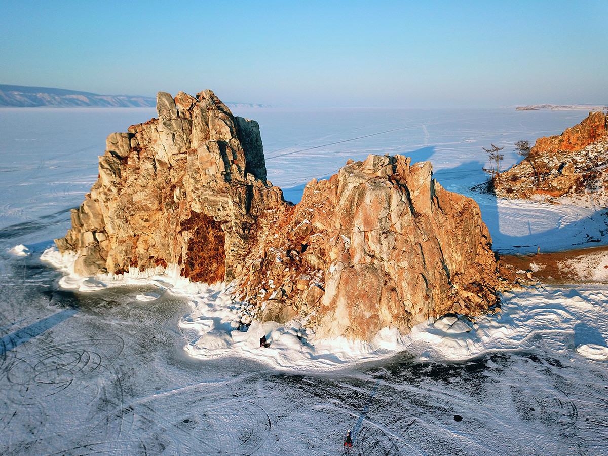 Shamanka rock on Olkhon Island at sunset