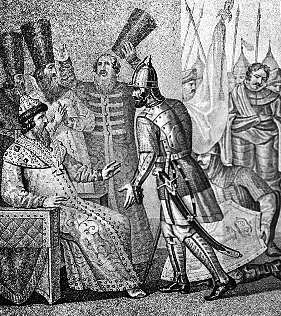 Le grand prince Ivan III recevant la nouvelle de la défaite de la Lituanie sur la rivière Vedrocha en 1500. Peinture sur pierre. Reproduction. P. Ivanov.