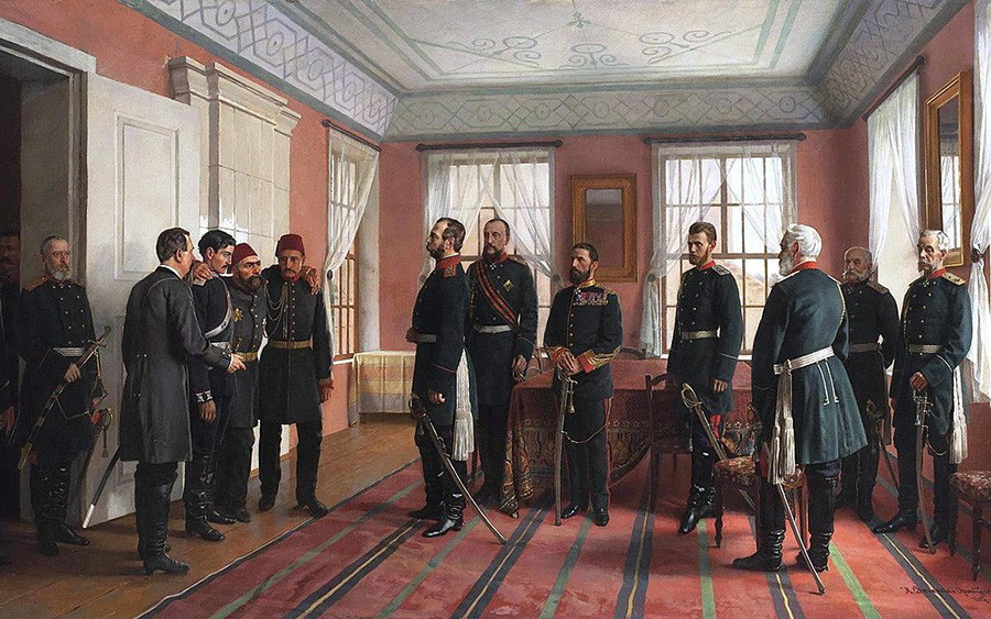 Zarobljenog Osman-pašu, zapovjednika turskih trupa u Plevenu, izvode pred ruskog cara Aleksandra II. na dan kada su Rusi zauzeli Pleven, 29. prosinca 1877. Nikolaj Dmitrijev-Orenburški.
