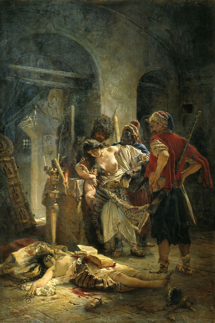Bolgarske mučenice: Na sliki ruskega slikarja Konstantina Makovskega je prikazano, kako turški bašibozuki (neregularni vojaki, prostovoljci) posiljujejo bolgarske ženske v znak maščevanja za aprilsko vstajo.