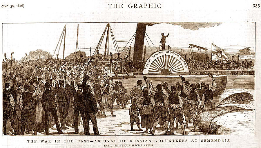 Arrival of Russian volunteers at Semendria, Serbia. The Graphic, Sept. 30, 1876