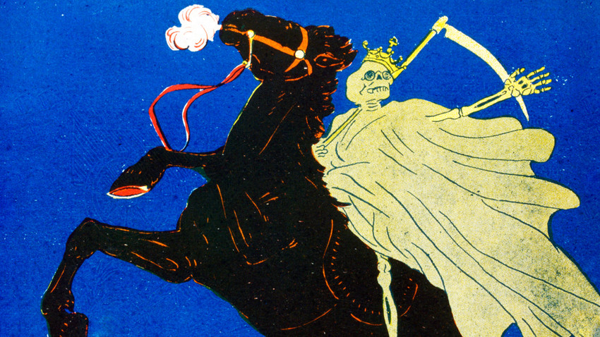 Ilustrasi satir Prancis, menggambarkan ancaman Kolera di Rusia.
