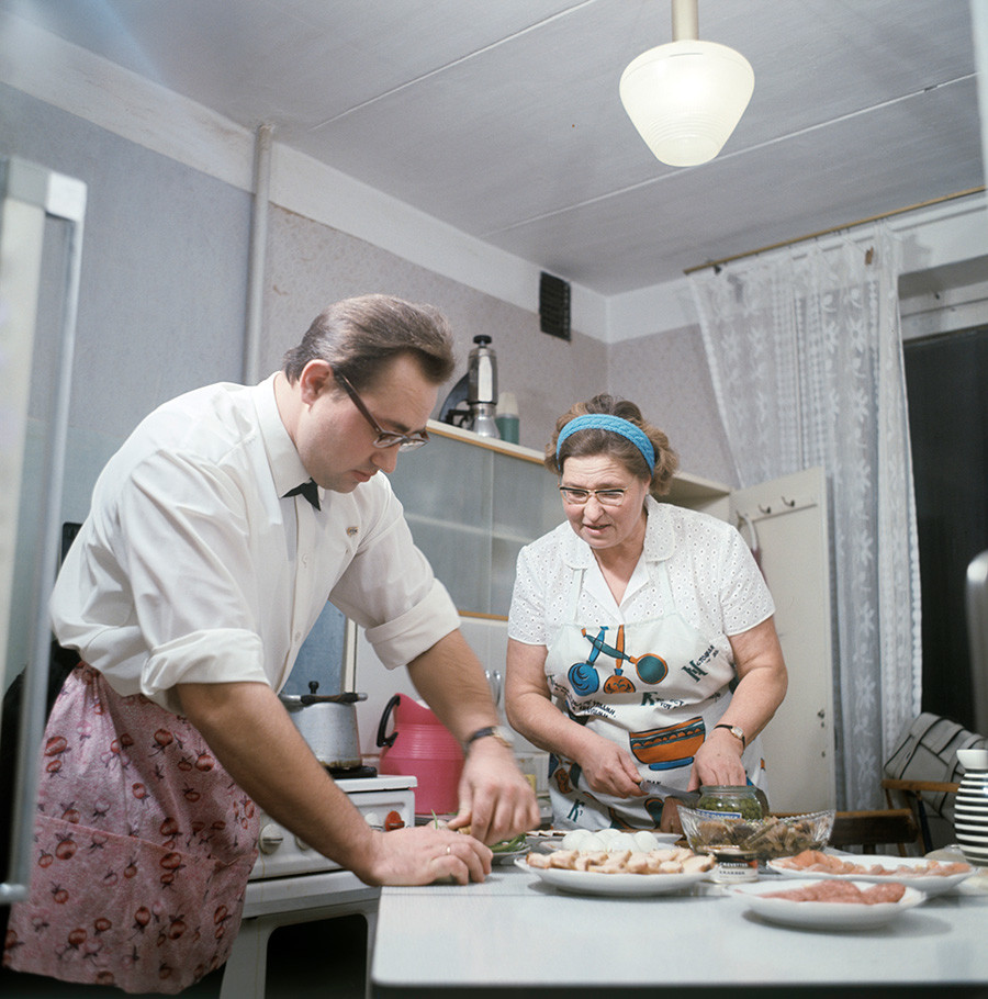 Preparing for the New Year family celebration, Moscow, 1971.