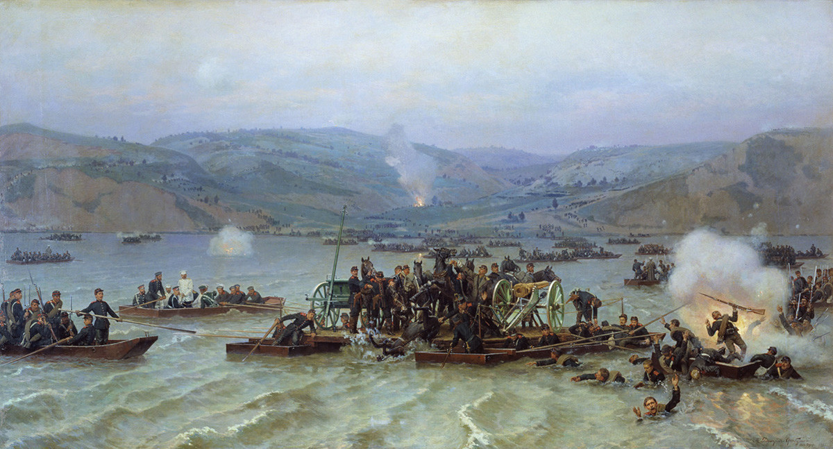 Cruce del ejército ruso sobre el Danubio en Zimnicea / Svishtov, 1877. Nikolái Dmitriev-Orenburgsky 