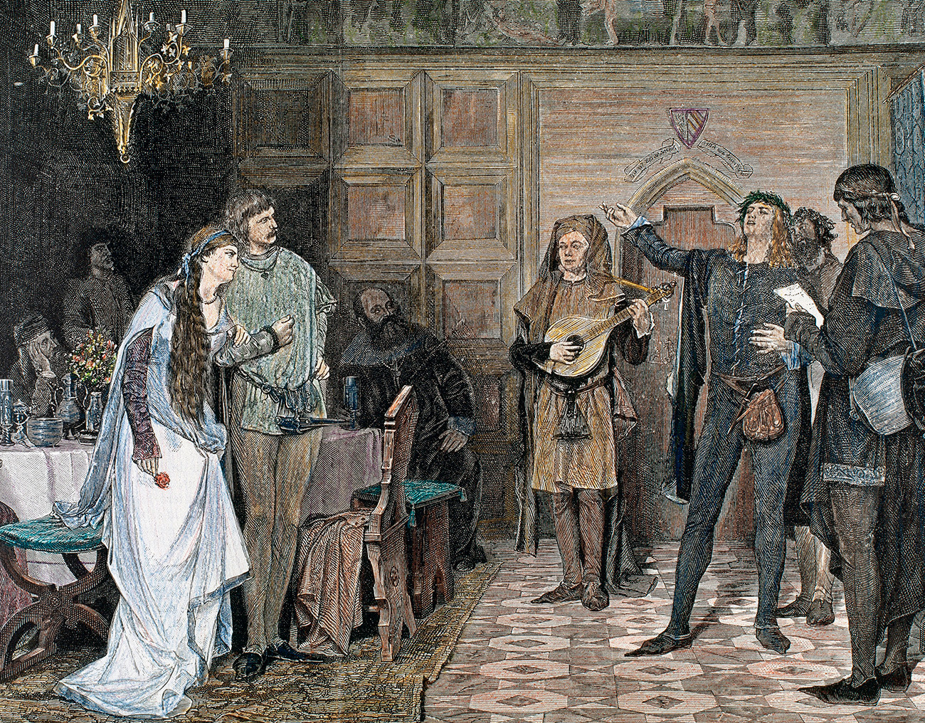Troubadours chantant et récitant un de ses poèmes, écrits en occitan. 12e et 13e siècles. Gravure en couleur