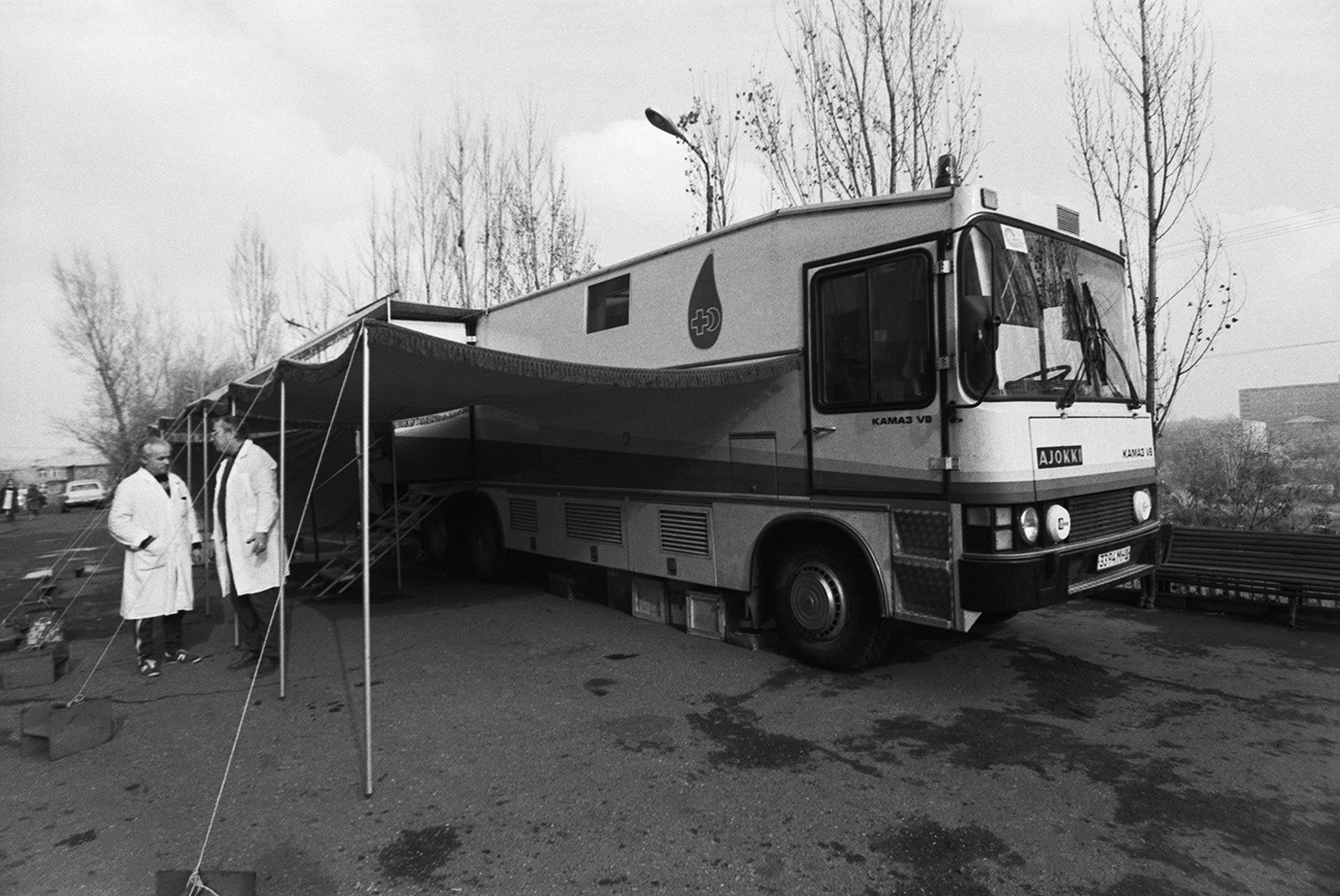 Mobile blood transfusion station in Yerevan after the earthquake in Armenian SSR, 1988.