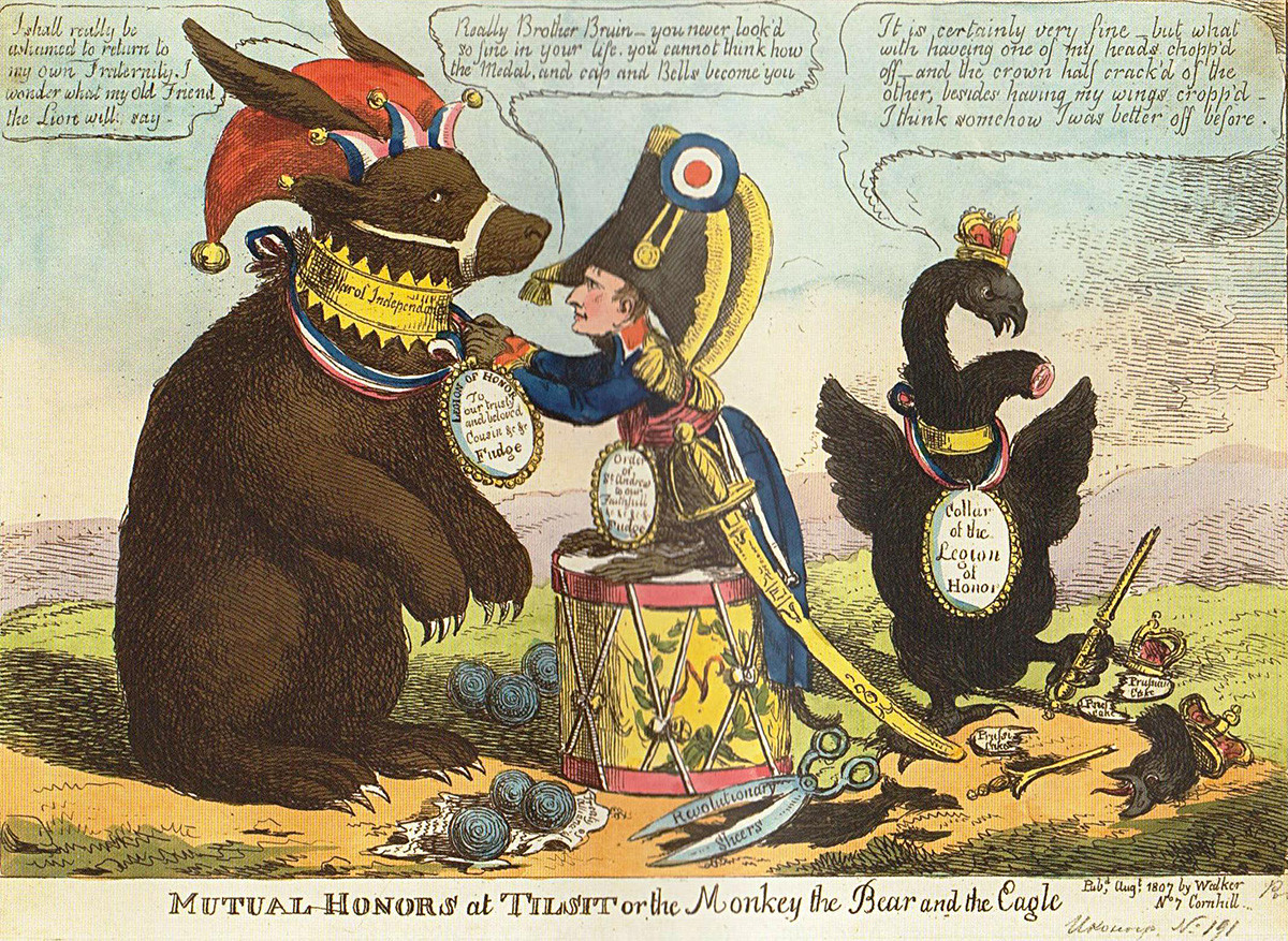 Чарлс Вилијамс, Узајамна почаст у Тилзиту, или Mајмун, медвед и орао. 1807. Обојени бакропис.