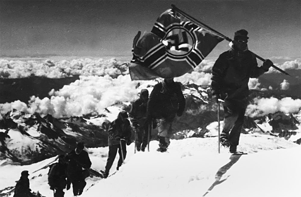 German troops climbing Mount Elbrus in Russia, Europe's highest peak. August 1942 
