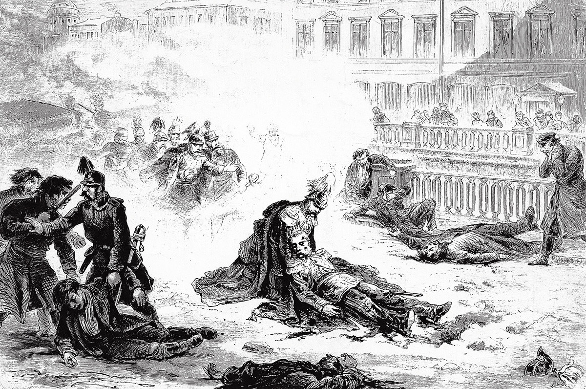 Смертельно раненый император Александр II, гравюра Густава Бролинга