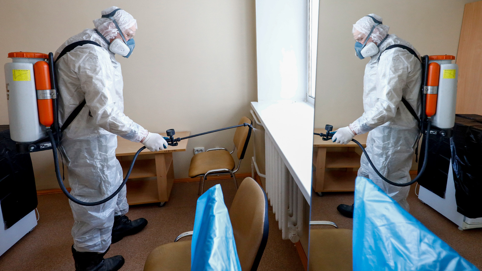 Дезинфекција санаторијума „Градостроитељ“ после карантина због корона вируса COVID-2019 у Тјумењској области.