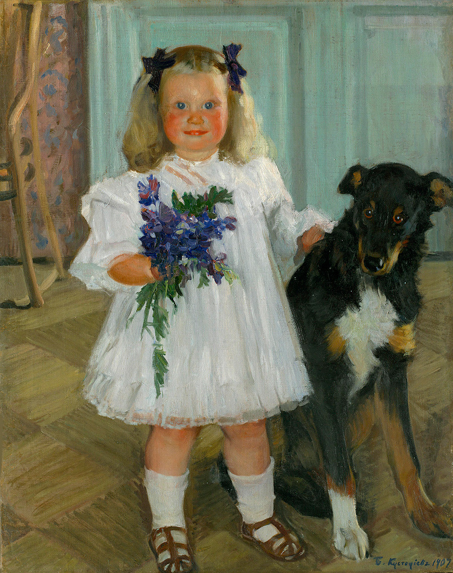  «Портрет Ирины Кустодиевой с собакой Шумкой». Борис Кустодиев, 1907