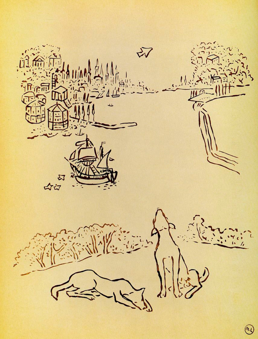 «Собаки на берегу гавани. Из альбома «Путешествие в Турцию». Михаил Ларионов. 1928.