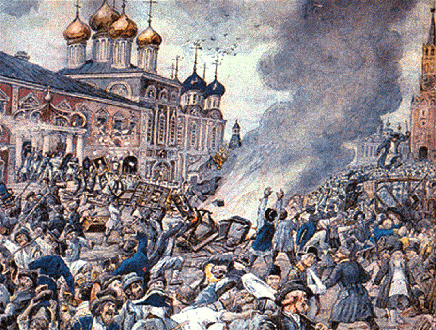 Émeute de la peste à Moscou en 1771, une aquarelle des années 1930 par E. Lissner