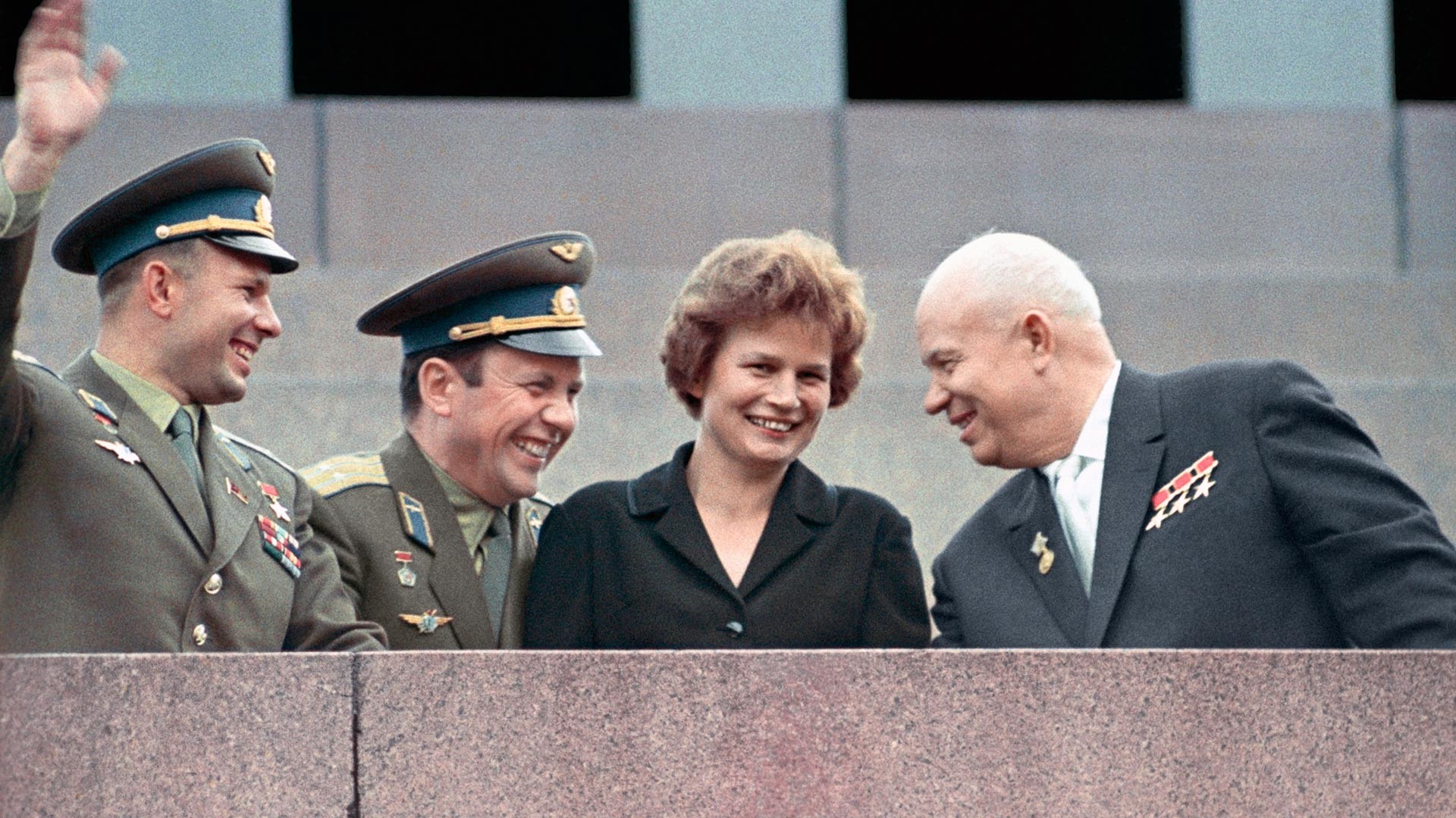 Nikita Khrushchev, First Secretary of the Soviet Communist Party's Central Committee, and pilots-cosmonauts Yuri Gagarin, Pavel Popovich and Valentina Tereshkova.