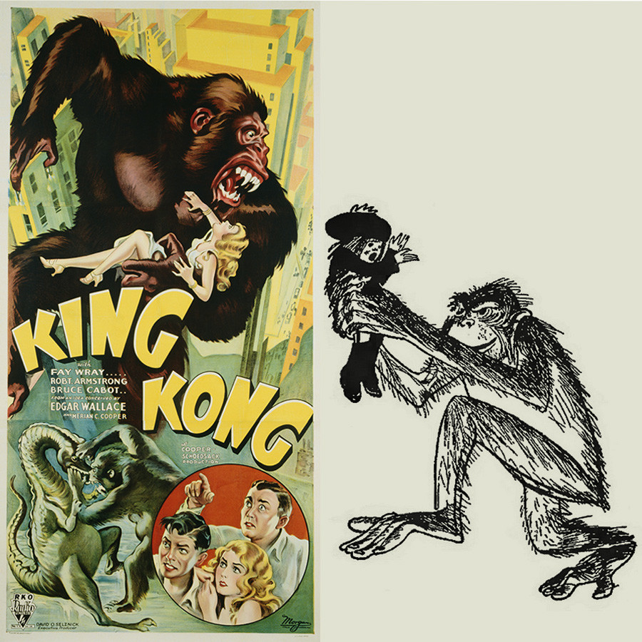 Affiche du film King Kong et illustration tirée du livre russe Le crocodile
