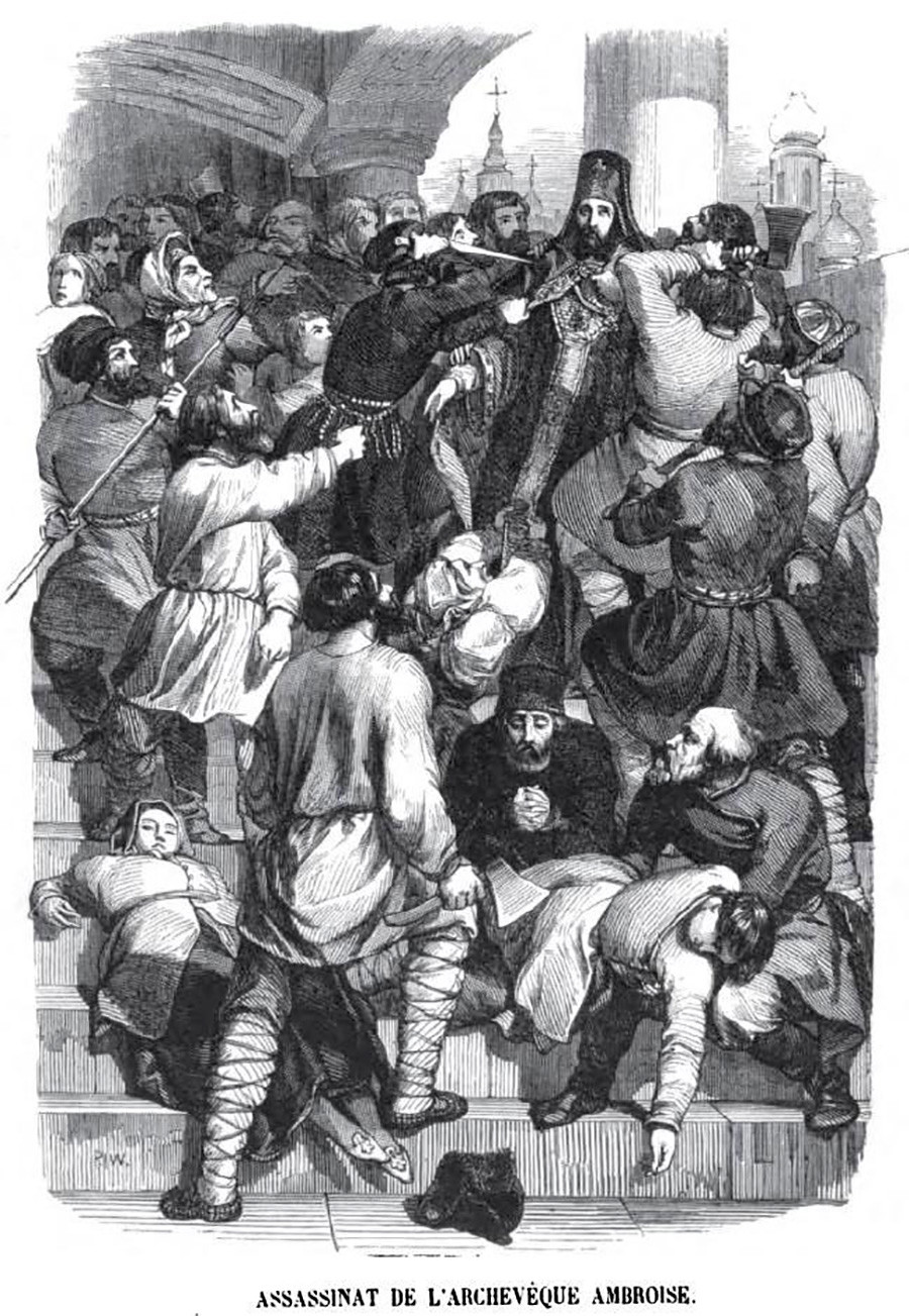 Lukisan pembunuhan Uskup Agung Ambrose,karya Charles-Michel Geoffroy (1845).