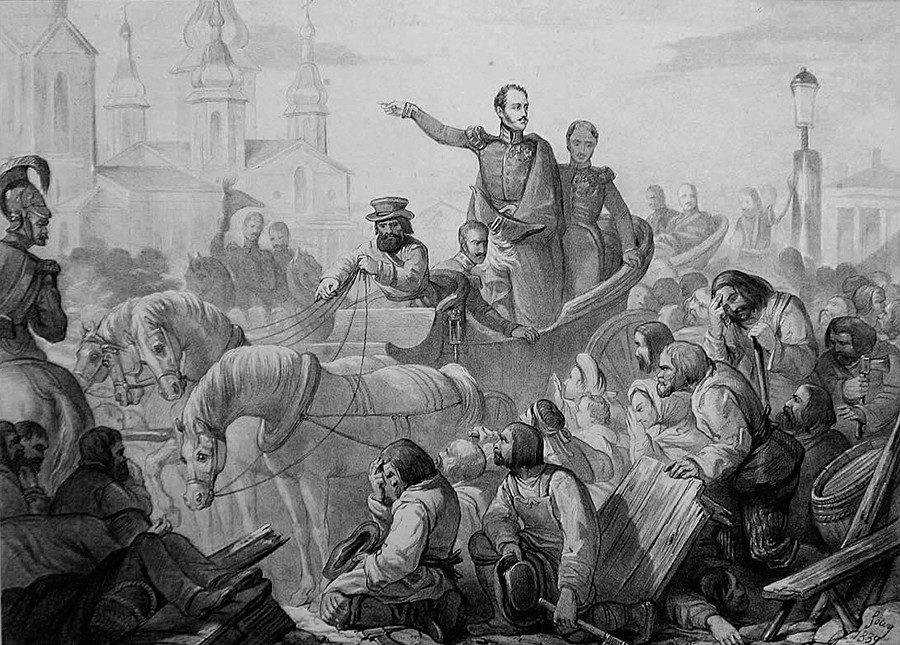 Николай I во время холерного бунта на Сенной площади.