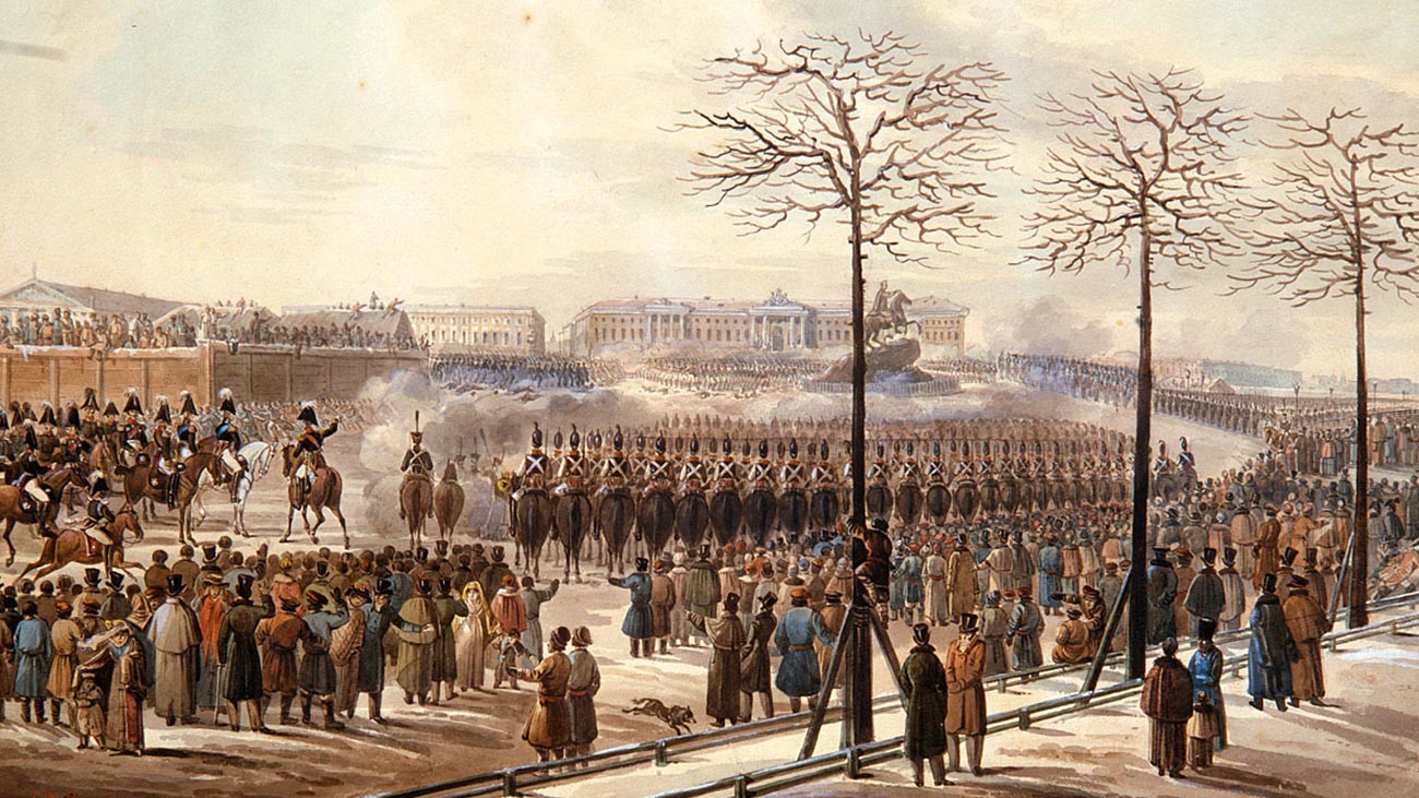 Place du Sénat à Saint-Pétersbourg le 14 décembre 1825. Dessin de Colman, du bureau du comte von Benckendorff