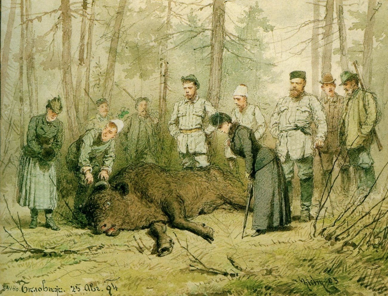 Alexander III. neben einem toten Bison in Beloweschskaja Puschtscha im Jahr 1894