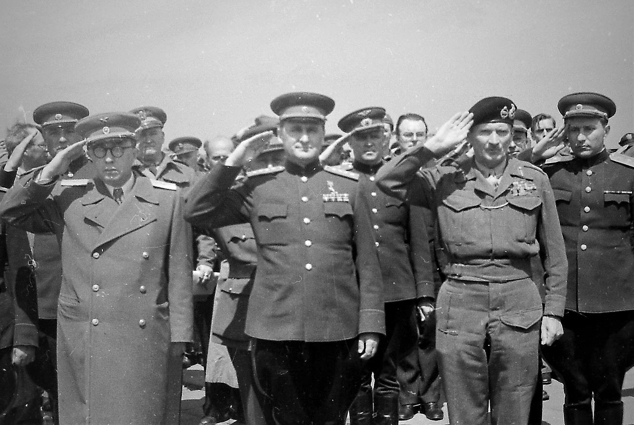 Ilya Arons. Field Marshal Bernard L. Montgomery (right) visits Berlin for the first time for the signing of the Berlin Declaration, June 5, 1945. He is greeted by deputy-commander of the 1st Belorusian front, General Vasiliy Sokolovskiy (middle) at Tempelhof. 