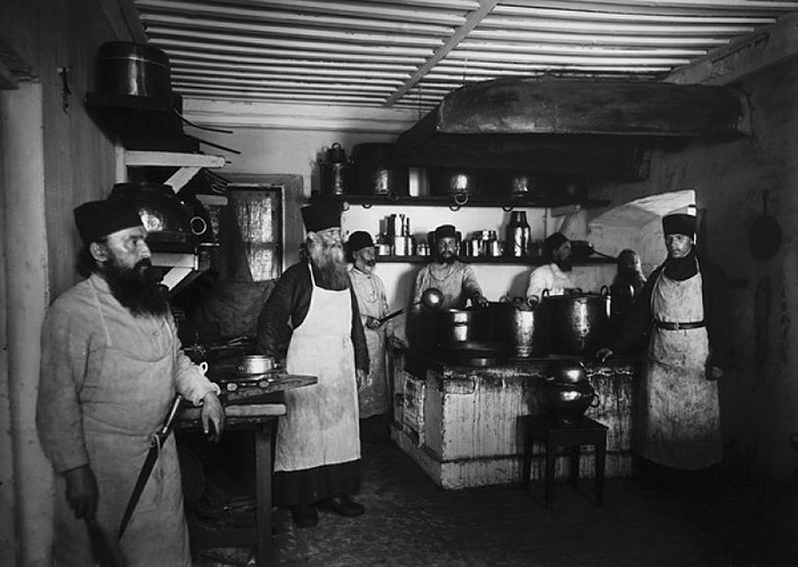 Food preparation in the monastic kitchen at Konevsky monastery, 1900s