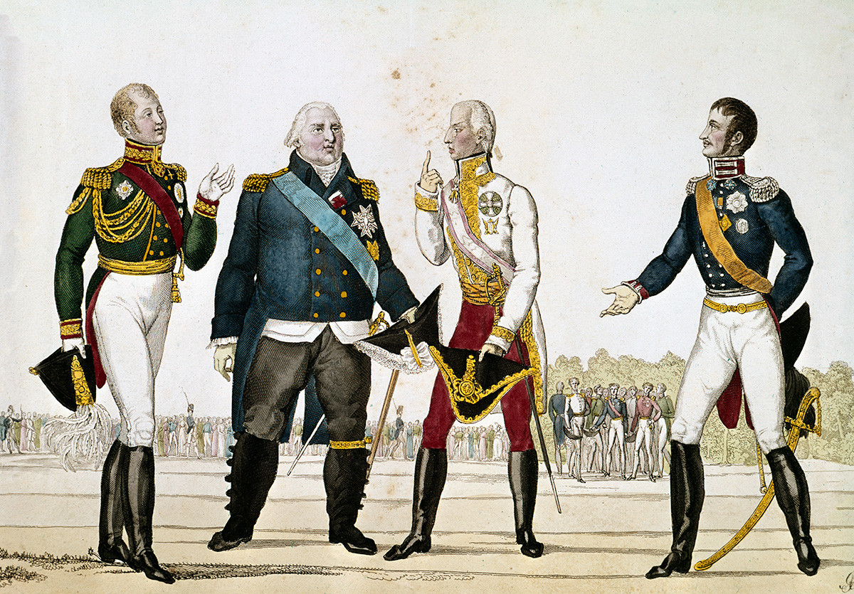 Alexandre Ier de Russie, Louis XVIII de France, François Ier d'Autriche et Frédéric-Guillaume III de Prusse, 1815