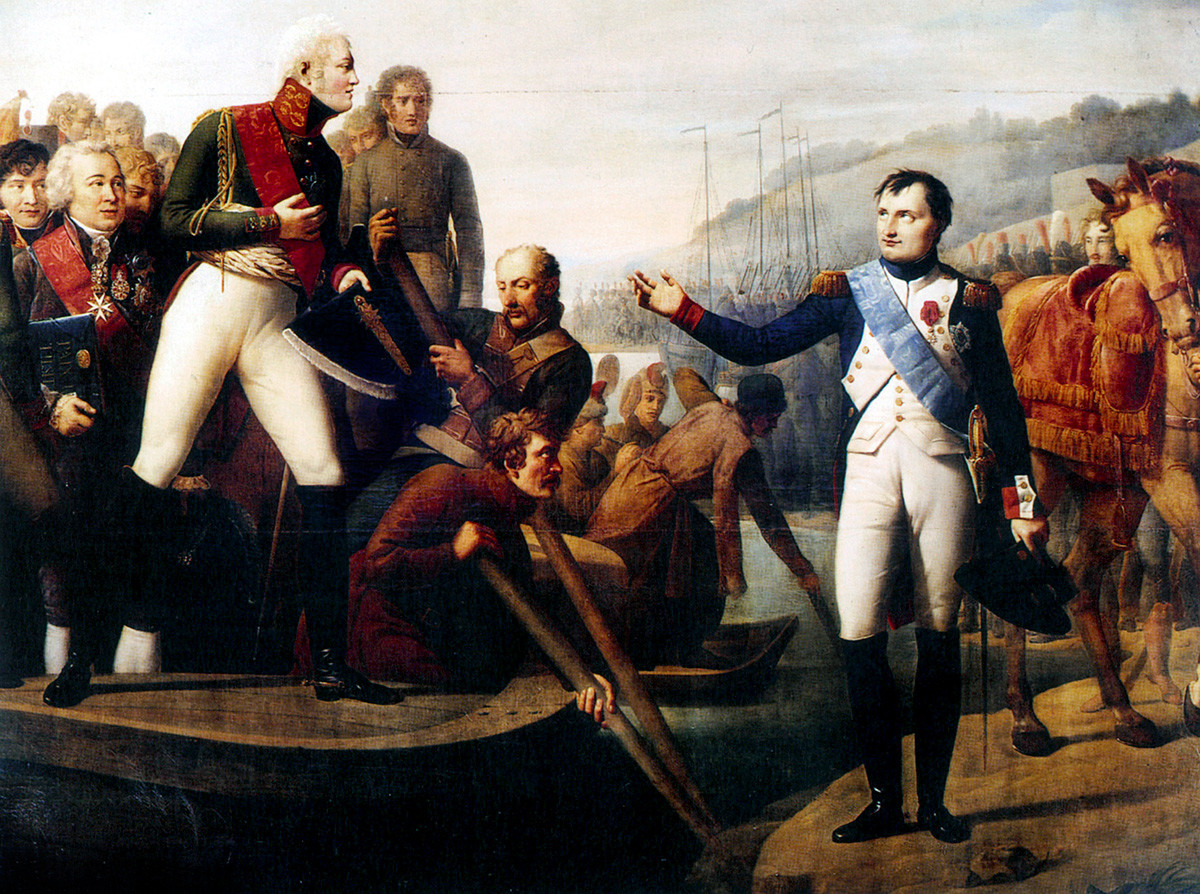 Александър I и император Наполеон I по време на Тилзитския договор (1807) между Франция и Русия 
