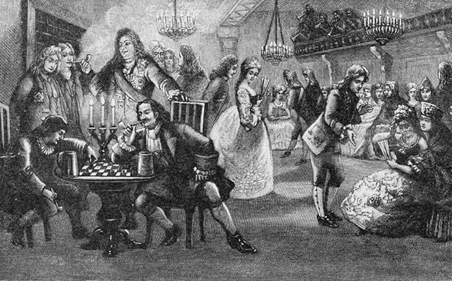 Peter the Great playing chess at an 'assemblée', social evenings he introduced in 1718