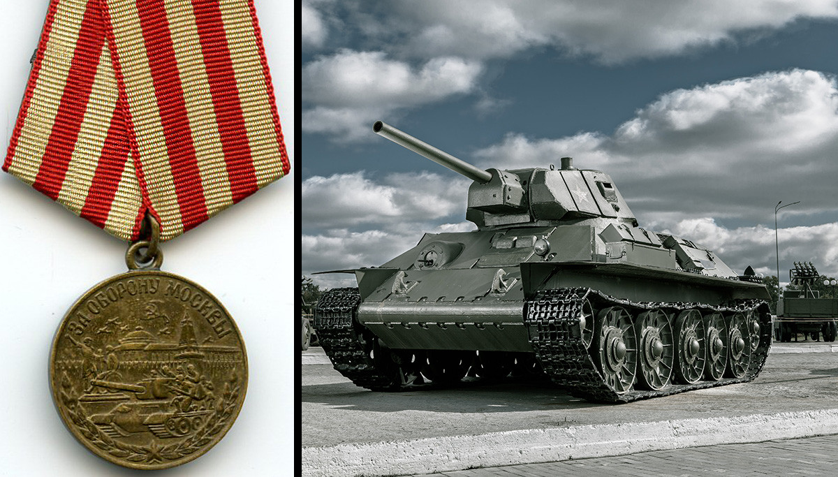 The ‘For the Defense of Moscow’ medal depicts a T-34 tank with the Kremlin Wall in the background.