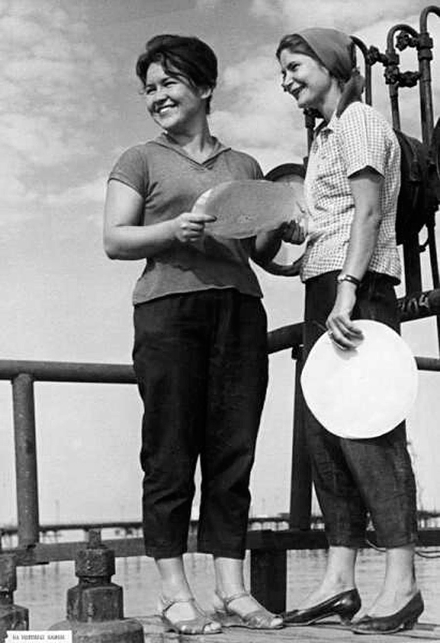 Two female workers on an oil production platform in Azerbaijan  