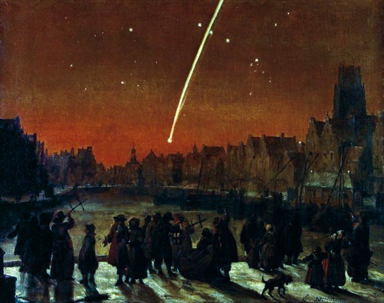 La Grande comète de 1680 au-dessus de Rotterdam par le peintre néerlandais Lieve Verschuier 