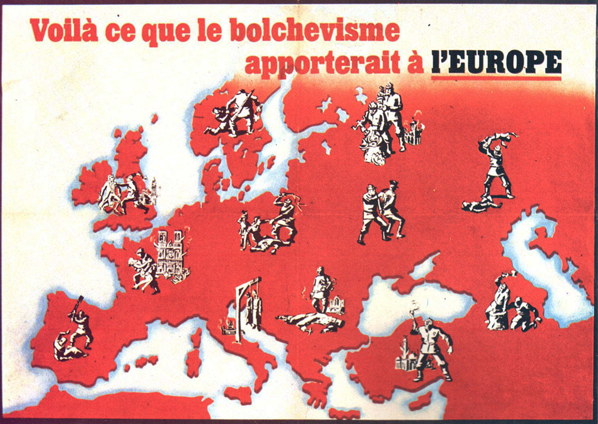 Les Français n'ont pas fait exception à la règle. Il s'agit de la couverture d'un livre imprimé en 1935 et imaginant ce que le règne du bolchevisme signifierait pour l'Europe, cinq ans avant l'occupation nazie de la France en 1940.