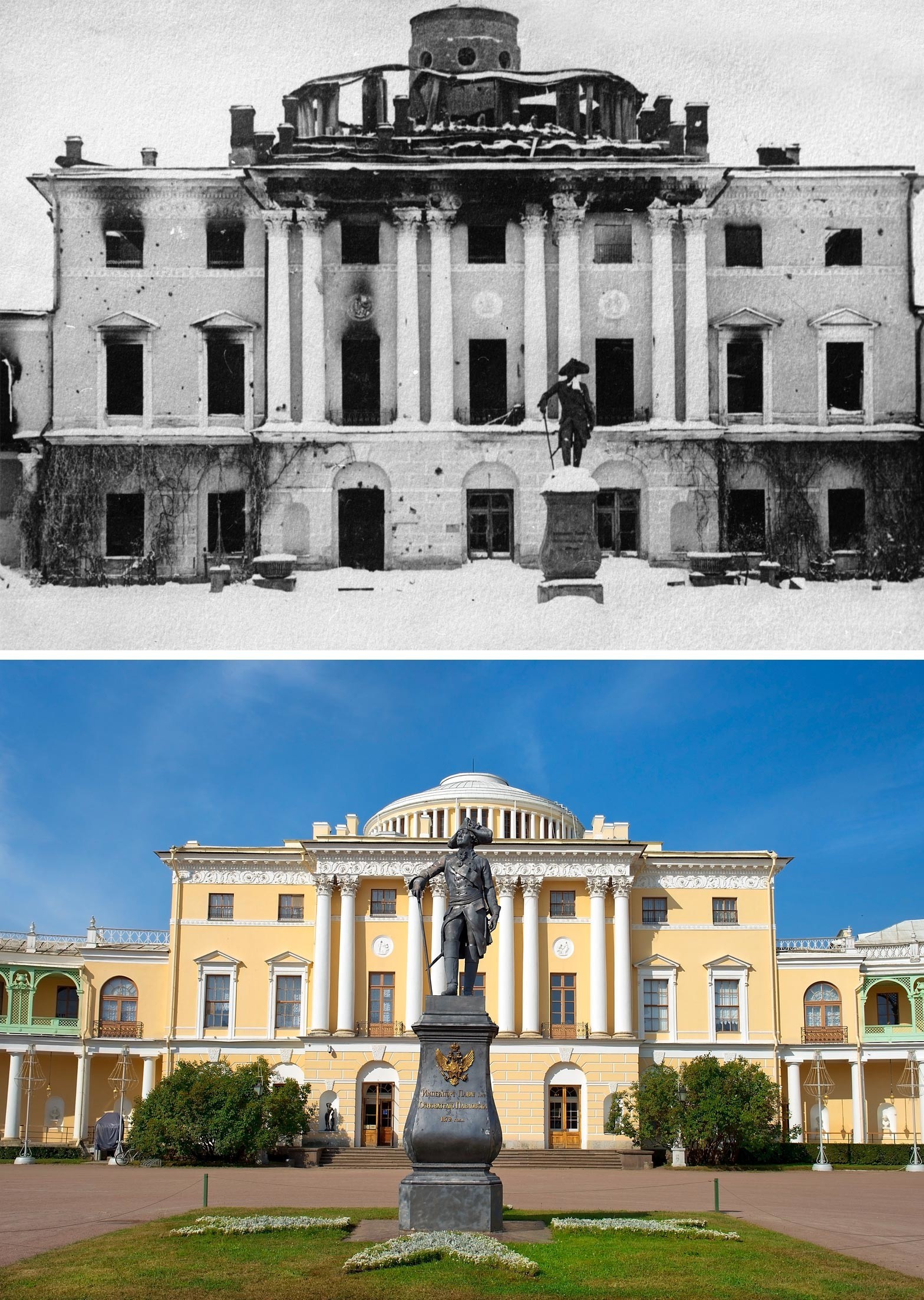 Palácio Pavlovsk em 1944 e agora